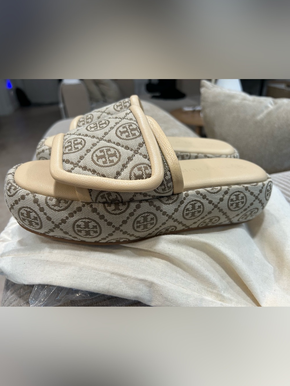 Tory Burch Jacquard print Beige Logo Platform Slide Sandals
